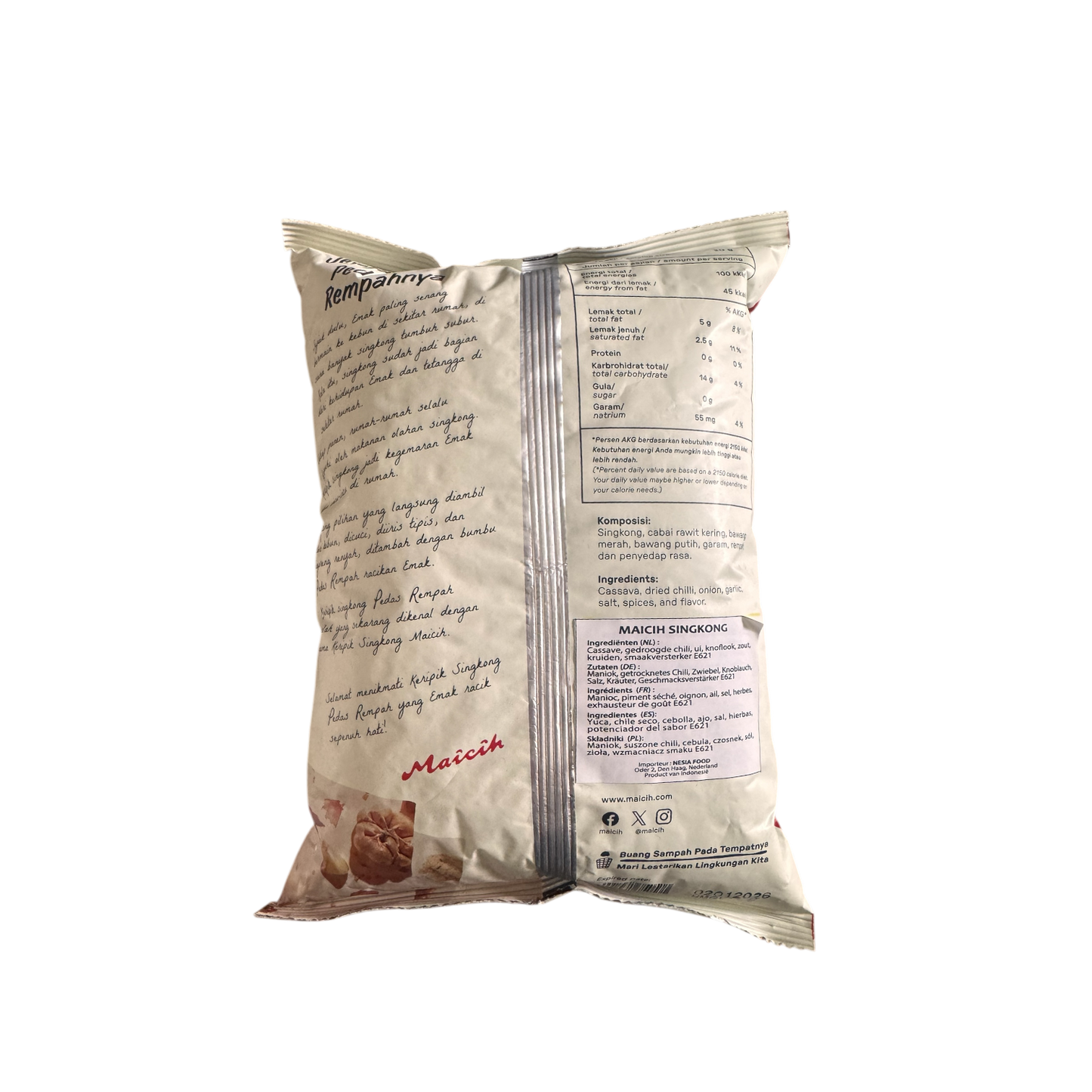 Mild Maicih Maniokchips Nesia Food, knusprige Chips mit mildem Geschmack, in Verpackung sichtbar.