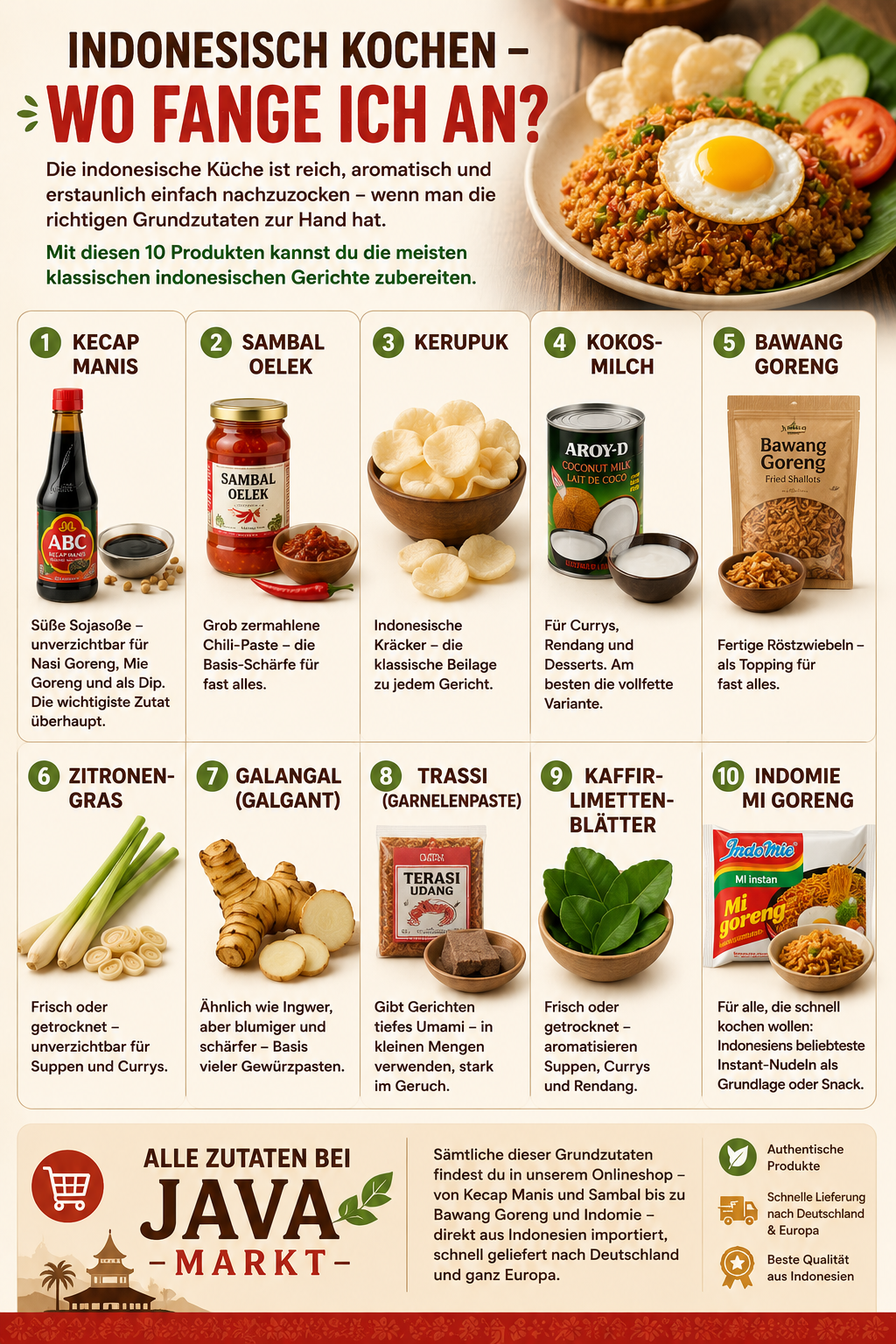 Die wichtigsten Grundzutaten der indonesischen Küche: Kecap Manis, Sambal, Kokosmilch, Kerupuk, Indomie und mehr. Perfekt für authentische indonesische Gerichte wie Nasi Goreng, Rendang oder Mie Goreng. Jetzt bei Java Markt online kaufen.