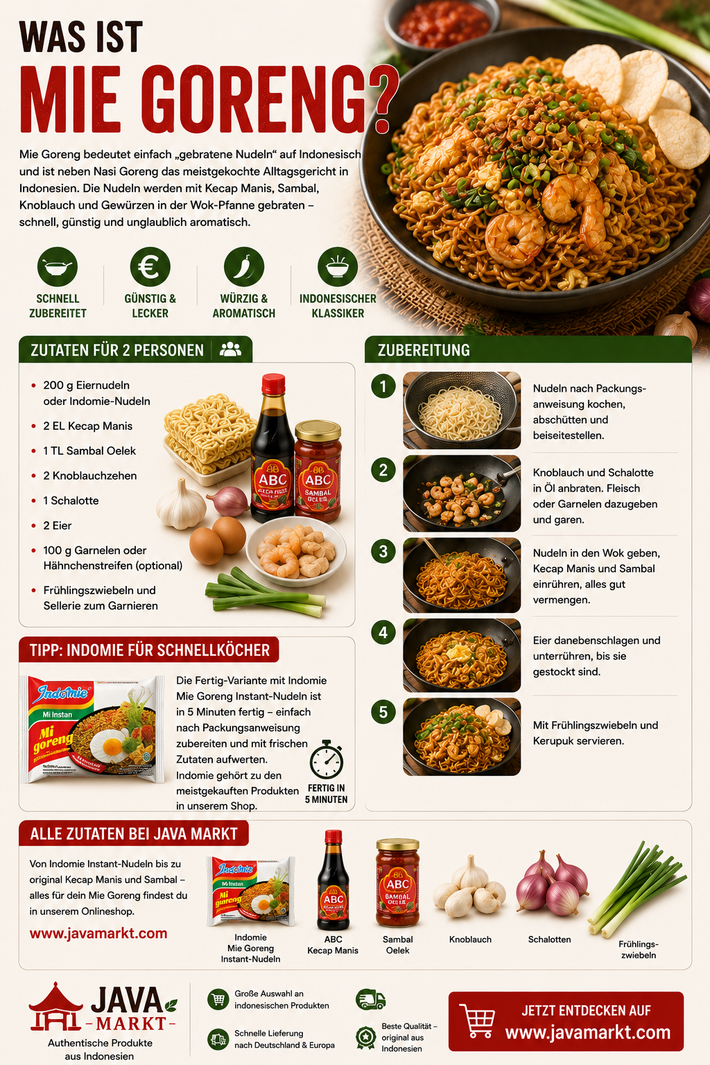 Mie Goreng mit gebratenen Nudeln, Ei, Frühlingszwiebeln und Kecap Manis in einer Schüssel serviert – traditionelles indonesisches Streetfood mit würziger Soße und asiatischen Zutaten.