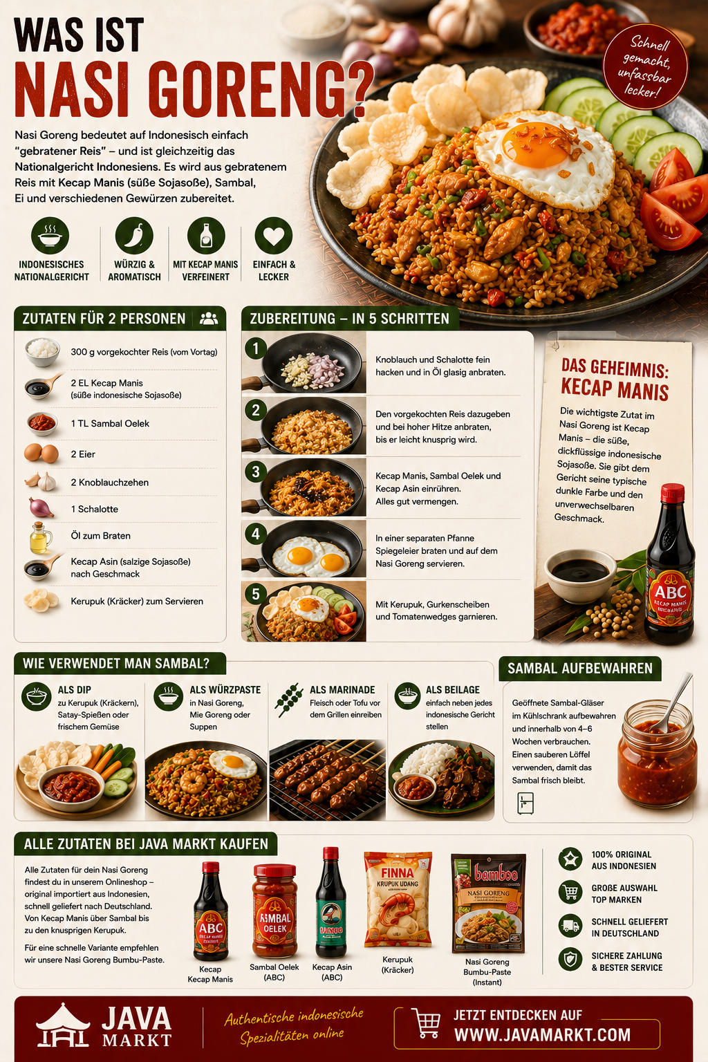 Traditionelles Nasi Goreng mit gebratenem Reis, Spiegelei, Kerupuk und Gemüse – indonesisches Nationalgericht mit Kecap Manis und Sambal.