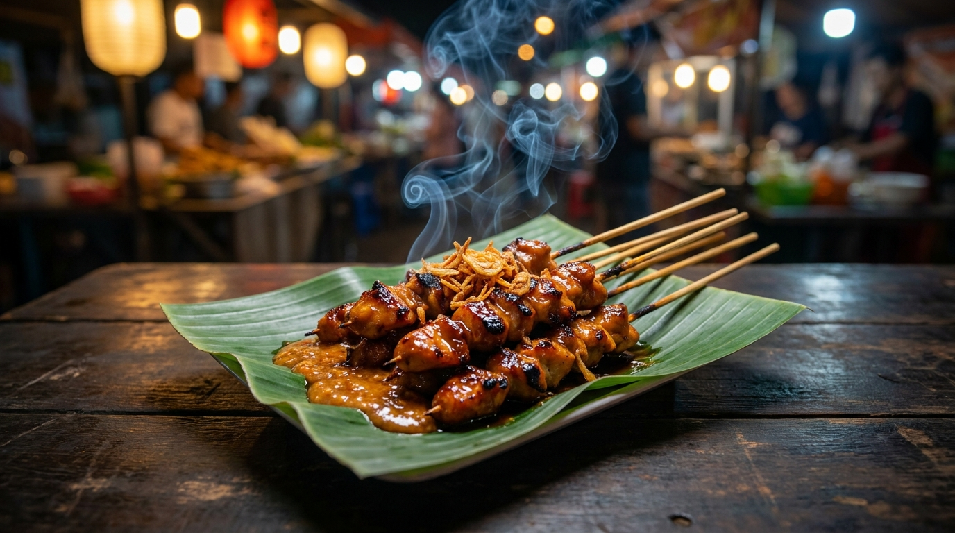 Sate Ayam - indonesische Hähnchenspieße mit Erdnusssoße auf Bananenblatt