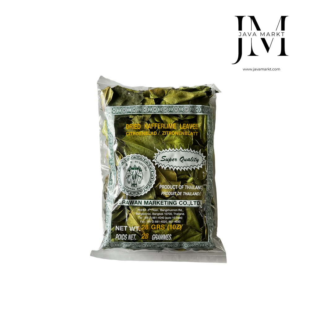 Getrocknete Zitronenblätter von Vanka Kawat, Kräuter & Gewürze, für aromatische Gerichte, in einer transparenten Verpackung.