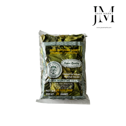Getrocknete Zitronenblätter von Vanka Kawat, Kräuter & Gewürze, für aromatische Gerichte, in einer transparenten Verpackung.