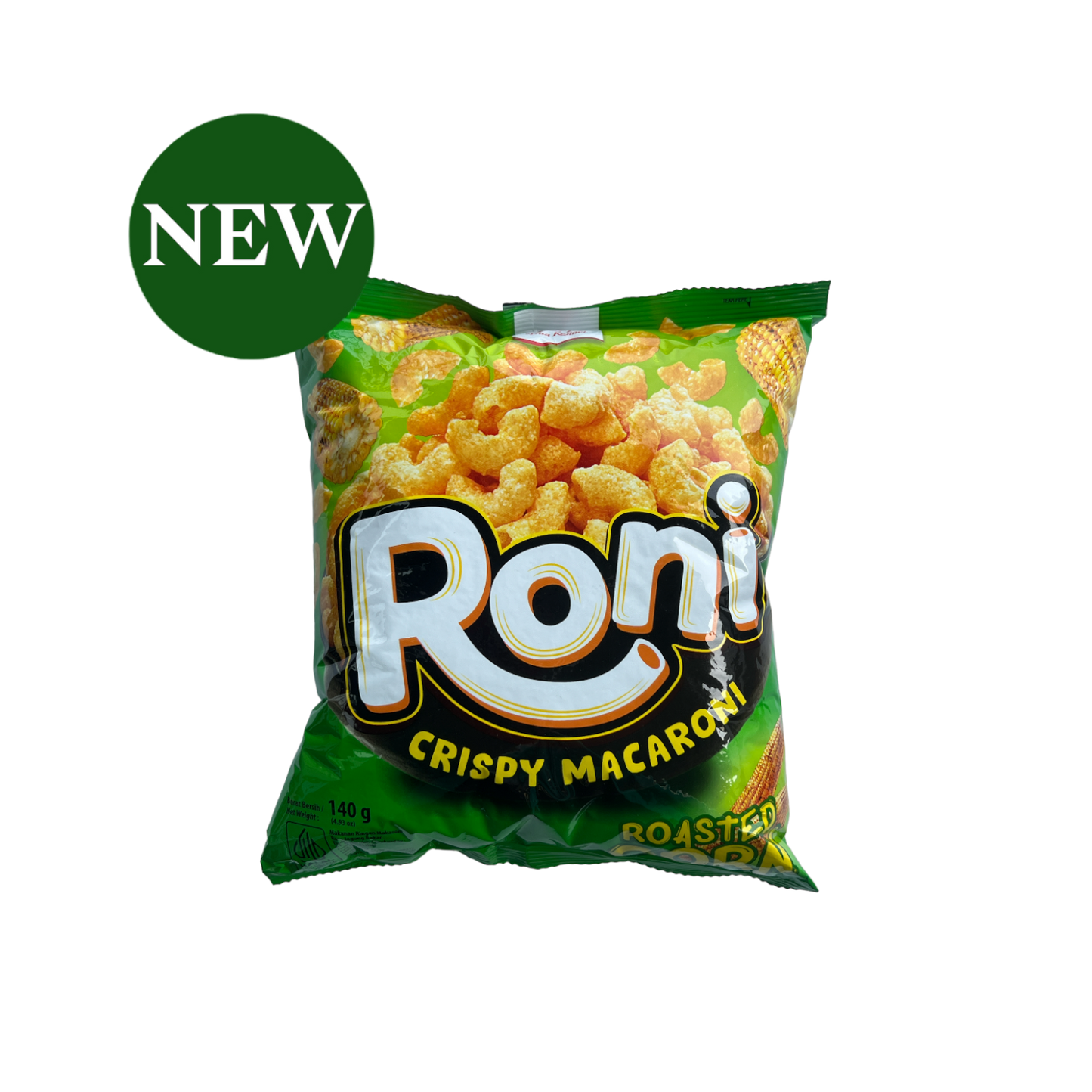 Nesia Food RONI Crispy Macaroni mit geröstetem Mais, knuspriger Snack, Vorspeisen und Snack-Produkt, in Verpackung.