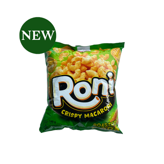 Nesia Food RONI Crispy Macaroni mit geröstetem Mais, knuspriger Snack, Vorspeisen und Snack-Produkt, in Verpackung.