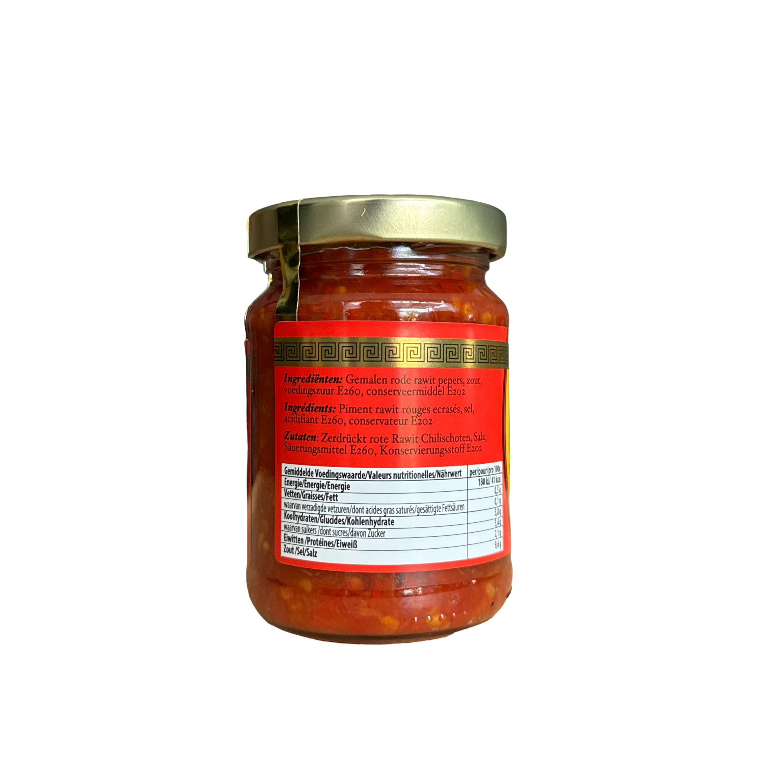 Scharfe rote Sambal Rawit Merah von Vanka Kawat, würzige Chilisauce in Glasflasche, frische rote Chilis sichtbar.