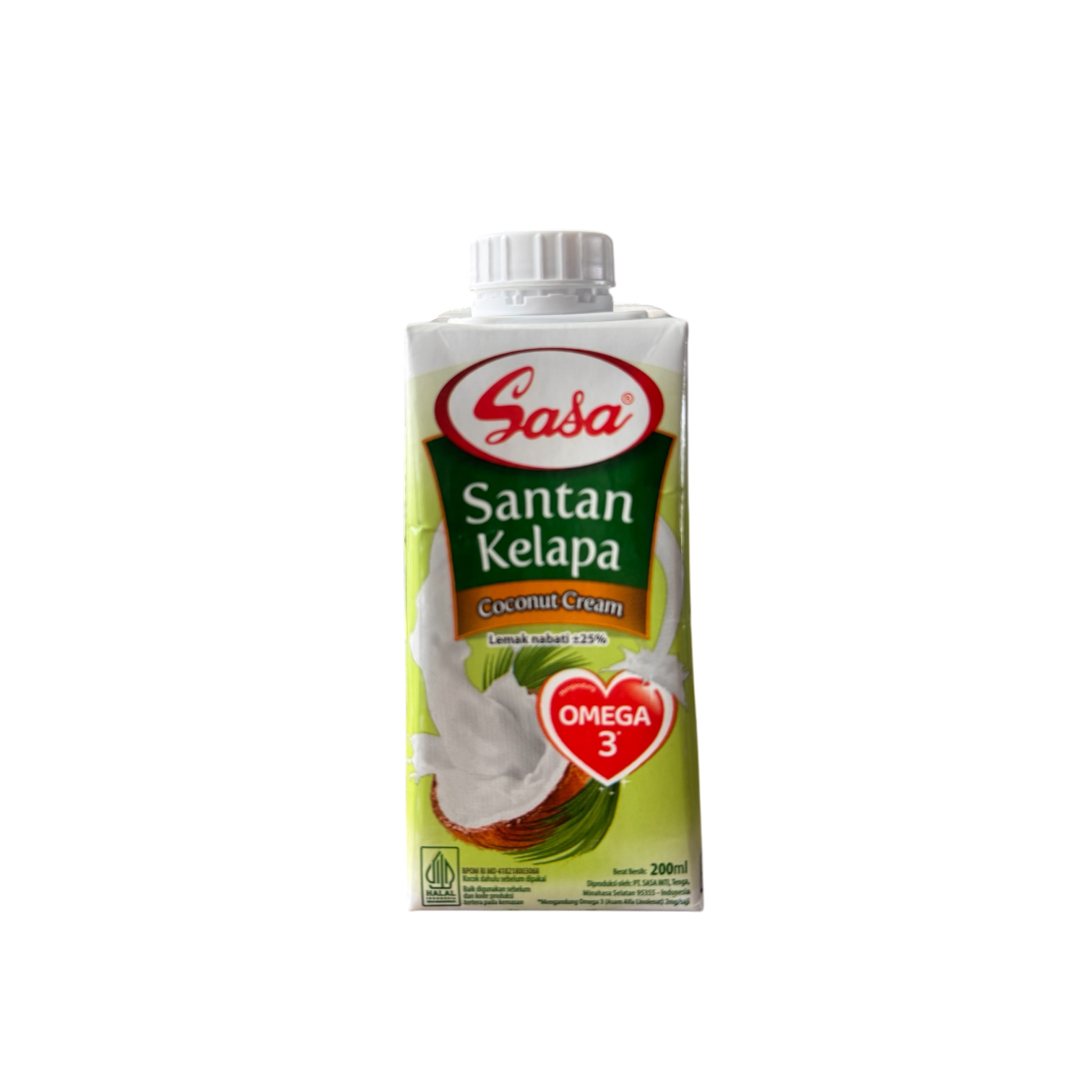 Nesia Sasa Santan Kelapa Cair, cremige Kokosmilch für Kochen und Backen, in einer Dose mit weißer Flüssigkeit.