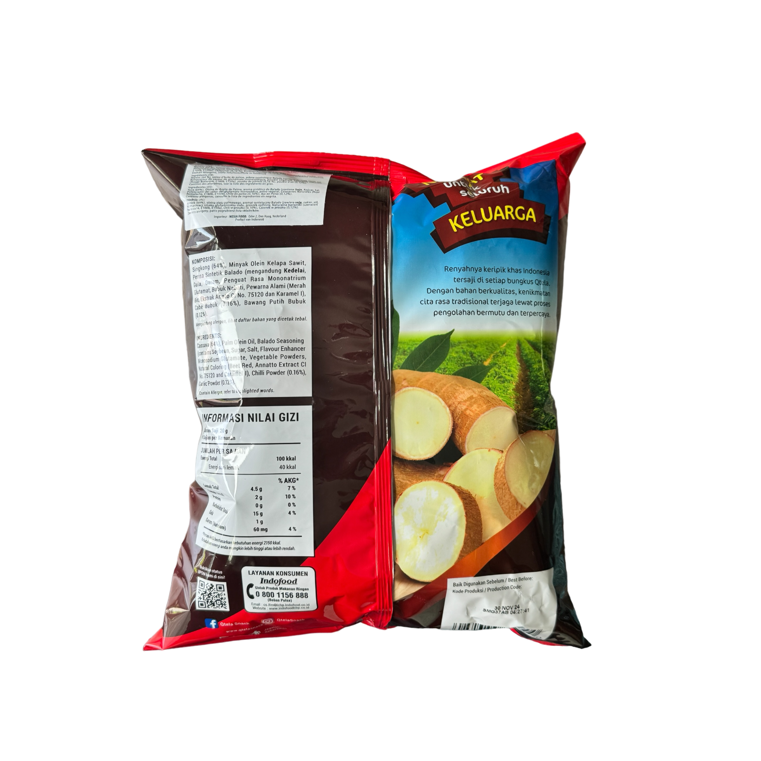 Knusprige, scharfe Tapioka-Chips von Nesia, Qtela Keripik Singkong Pedas, mit goldbrauner Farbe und würziger Textur