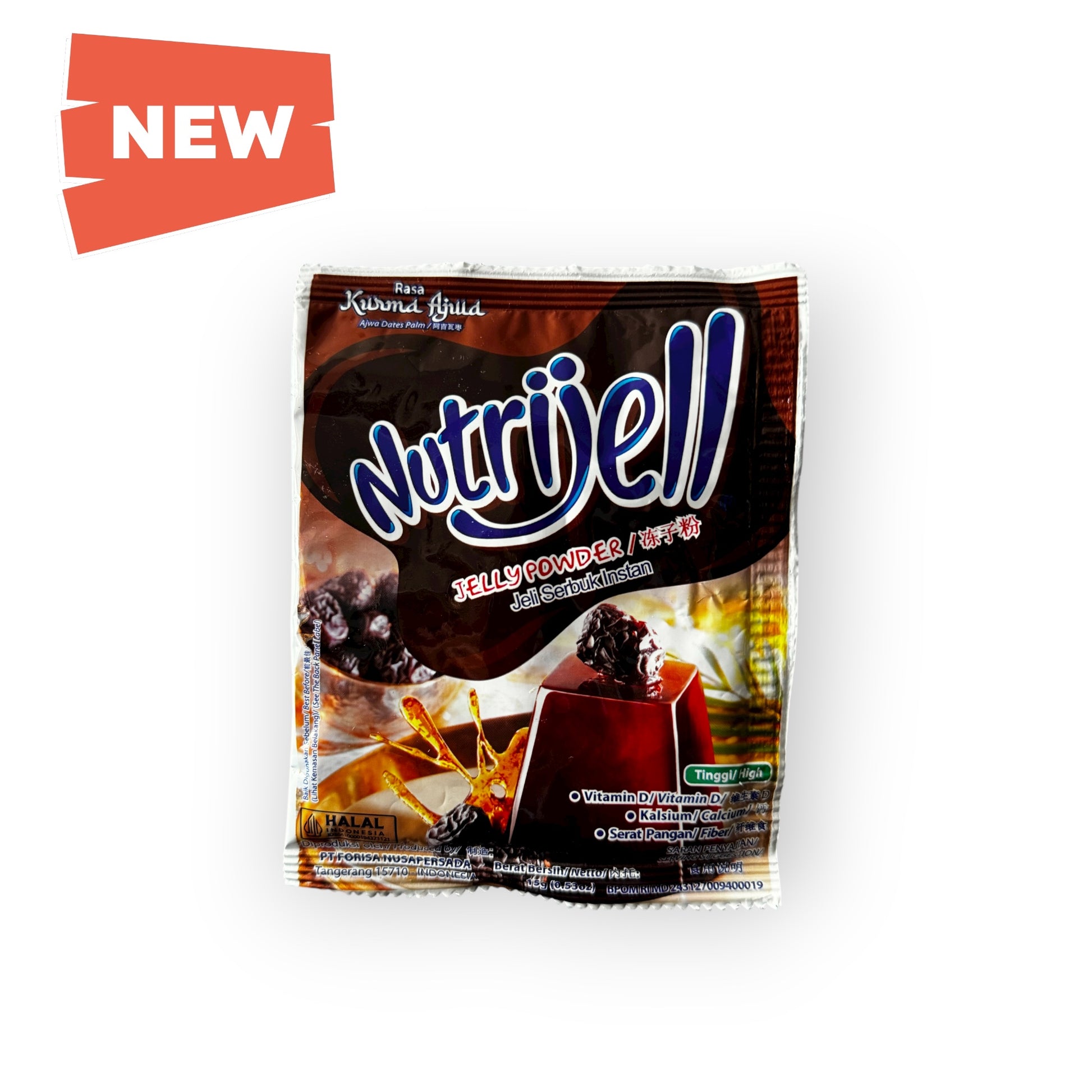 Agar-Agar-Nudel mit Nutrijell Jelly Geschmack Kurma, Nesia, auf weißem Hintergrund.