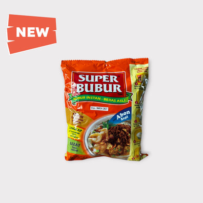 Fertiggericht Super Bubur mit Abon Sapi von Amboina B.V, zeigt eine Schüssel mit pikantem Rindfleisch-Eintopf