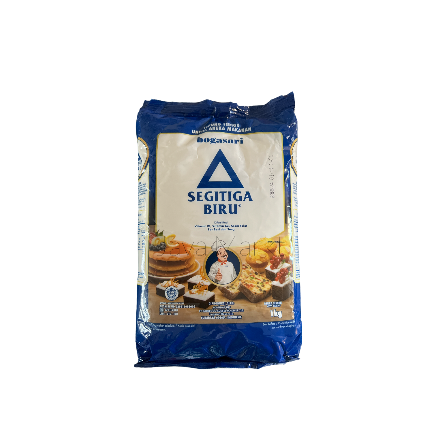Bogasari Segitiga Biru Koch- und Backzutaten von Nesia Food, Nahaufnahme der Verpackung und Zutaten auf einem Küchentisch