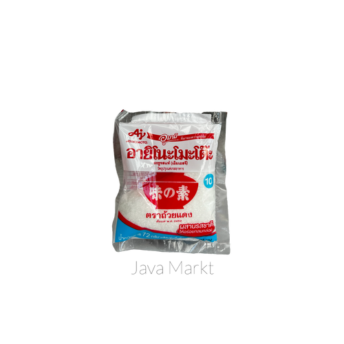 Ajinomoto Glutamat (MSG) als Kochzutat, Verpackung mit asiatischer Küche auf einem Küchenarbeitsplatz.