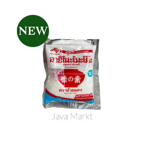 Borsten mit Glutamat (MSG) von Ajinomoto, orientalische Kochzutaten, Nahaufnahme der Verpackung und Zutaten.