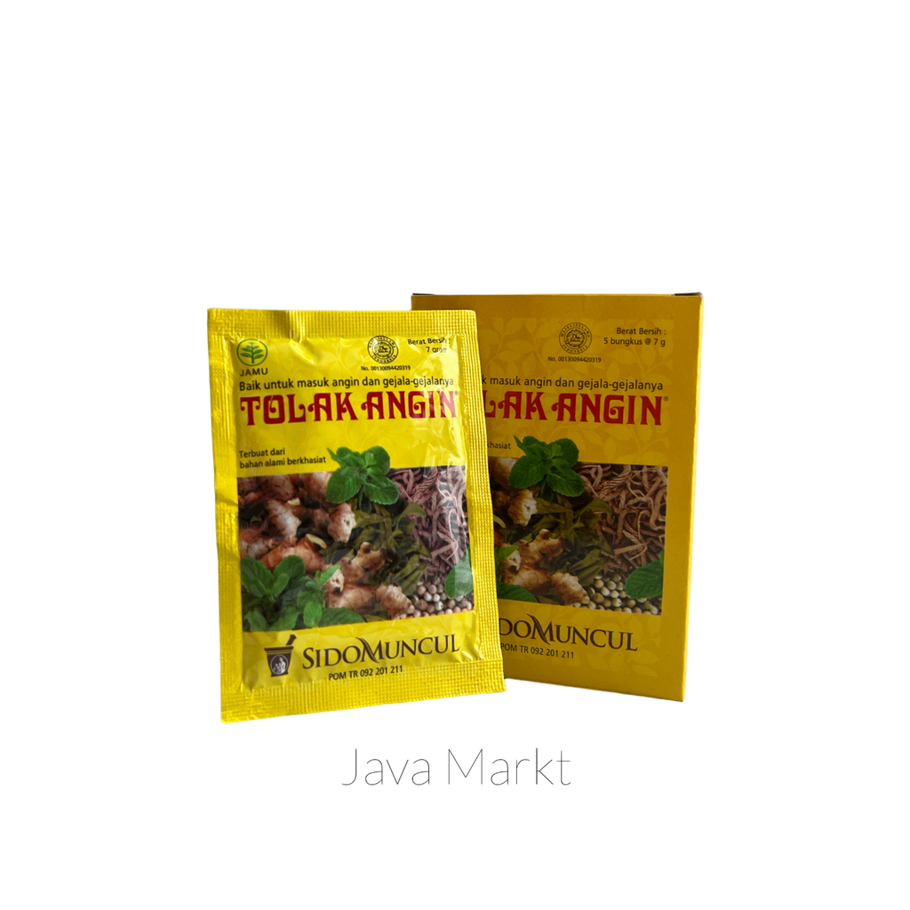 Nesia Food Sidomuncul Tolak Angin Pulver, Getränkemischung mit Kräuterauszügen, in einer weißen Verpackung.