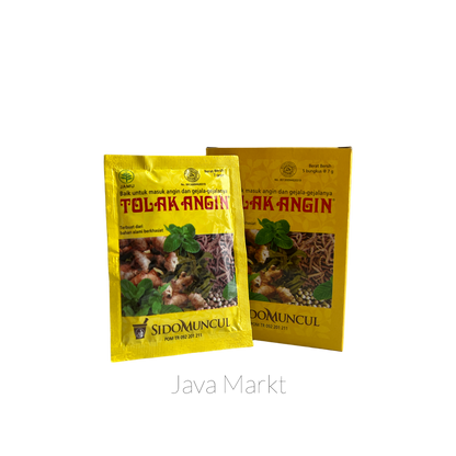 Nesia Food Sidomuncul Tolak Angin Pulver, Getränkemischung mit Kräuterauszügen, in einer weißen Verpackung.
