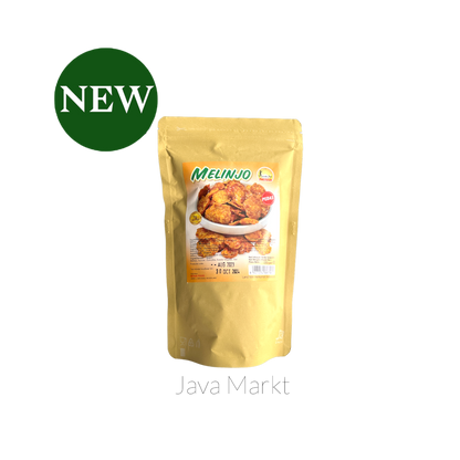 Knusprige, scharfe Melinjo-Chips von Nesia Food in einer transparenten Schüssel, ideal für Snacks und Partys.