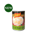 Dosen mit Daily Lychee in Sirup, Oriental Merchant, Getränke und Milchmischgetränke, geöffnet mit Lychee-Früchten in Sirup.