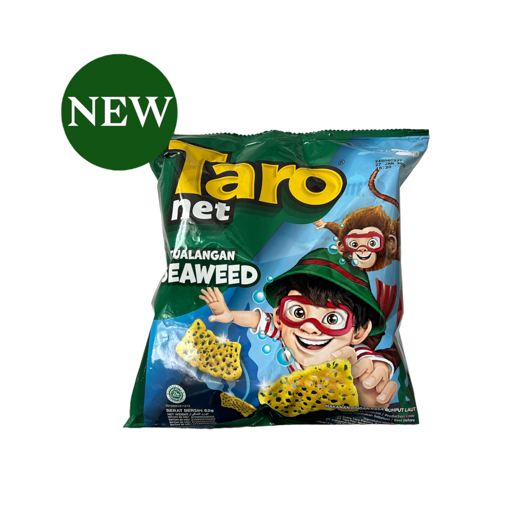 Knusprige Taro Net Rasa Rumput Laut Chips von Nesia Food, mit Seegras-Geschmack und goldbrauner Oberfläche.