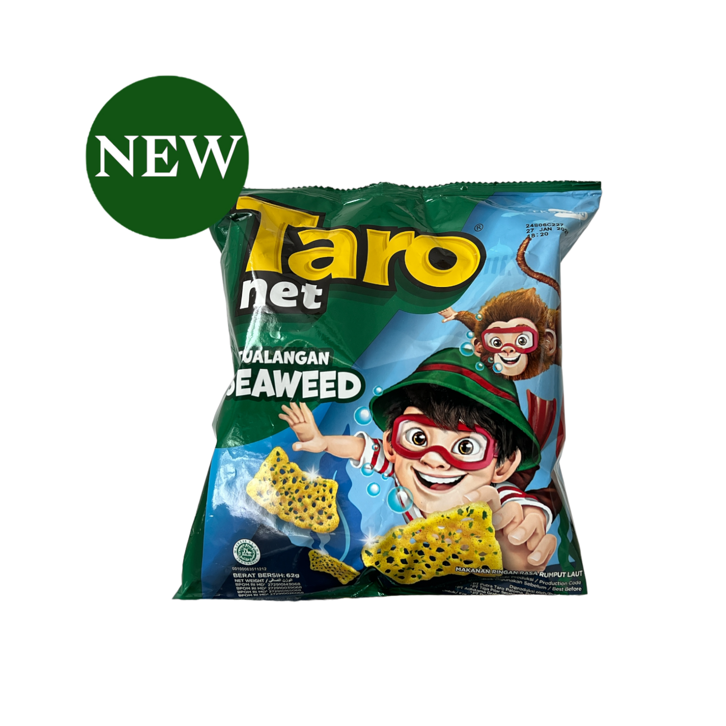 Knusprige Taro Net Rasa Rumput Laut Chips von Nesia Food, mit Seegras-Geschmack und goldbrauner Oberfläche.