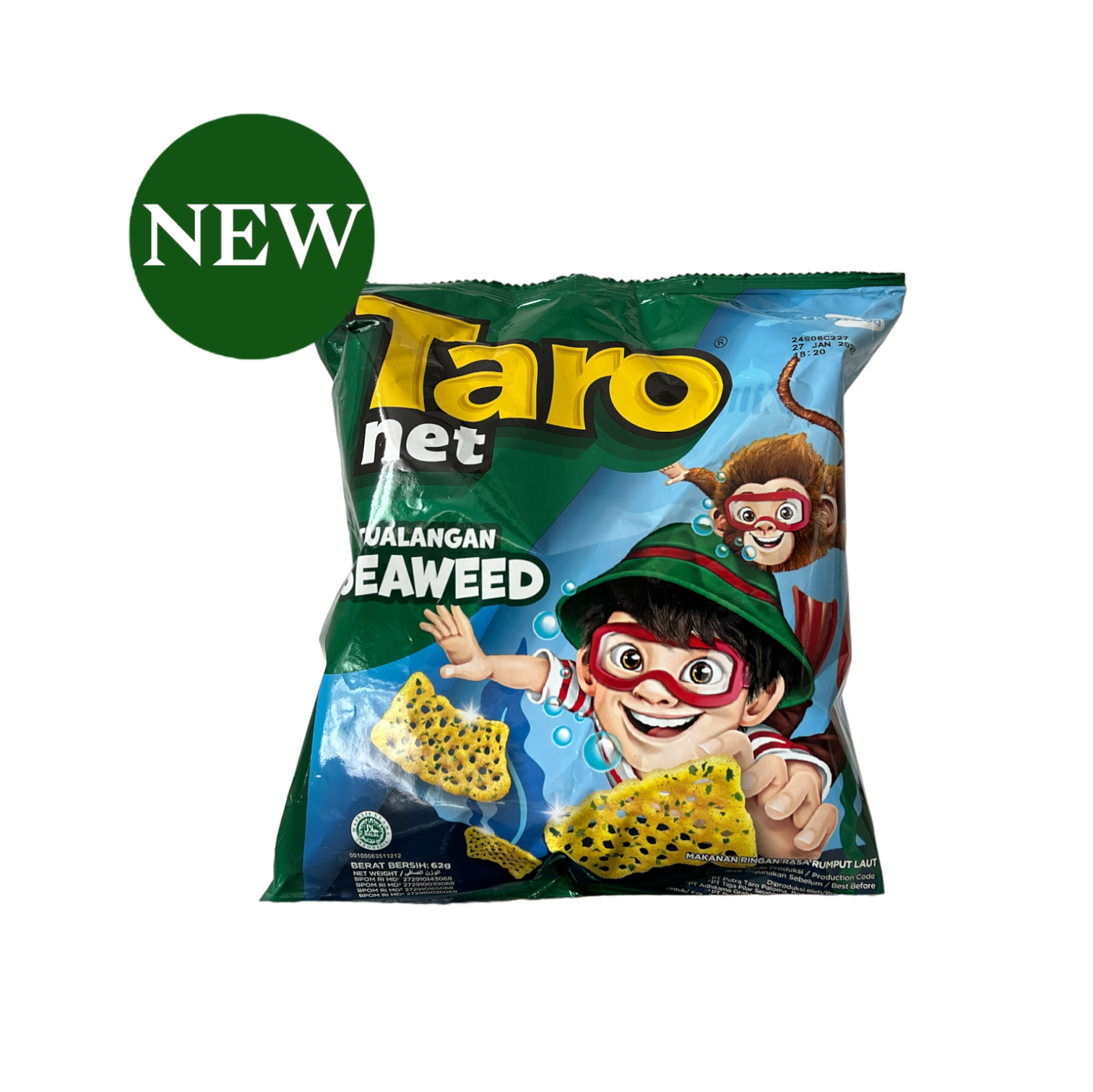 Knusprige Taro Net Rasa Rumput Laut Chips von Nesia Food, mit Seegras-Geschmack und goldbrauner Oberfläche.