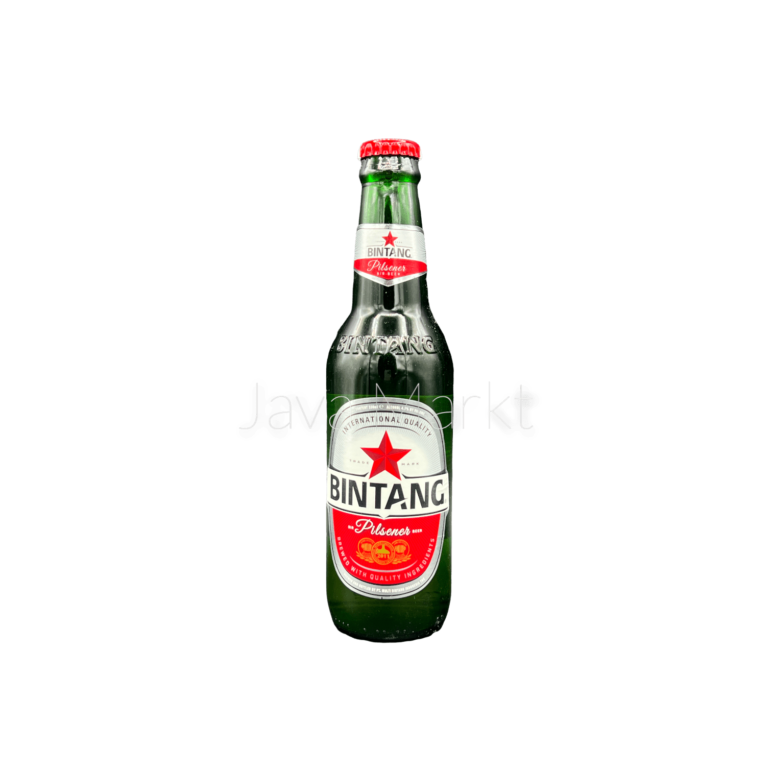 Bierflasche von Bir Bintang, Vanka Kawat, auf einem Holztisch, mit goldener Farbe und typischem Label sichtbar