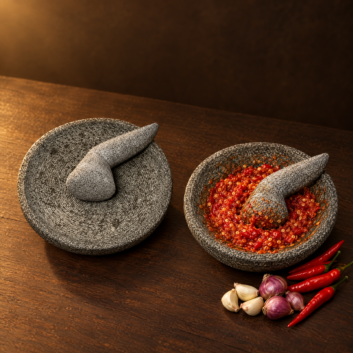 Cobek Batu 20 cm – Steinmörser mit frisch geriebenem Sambal