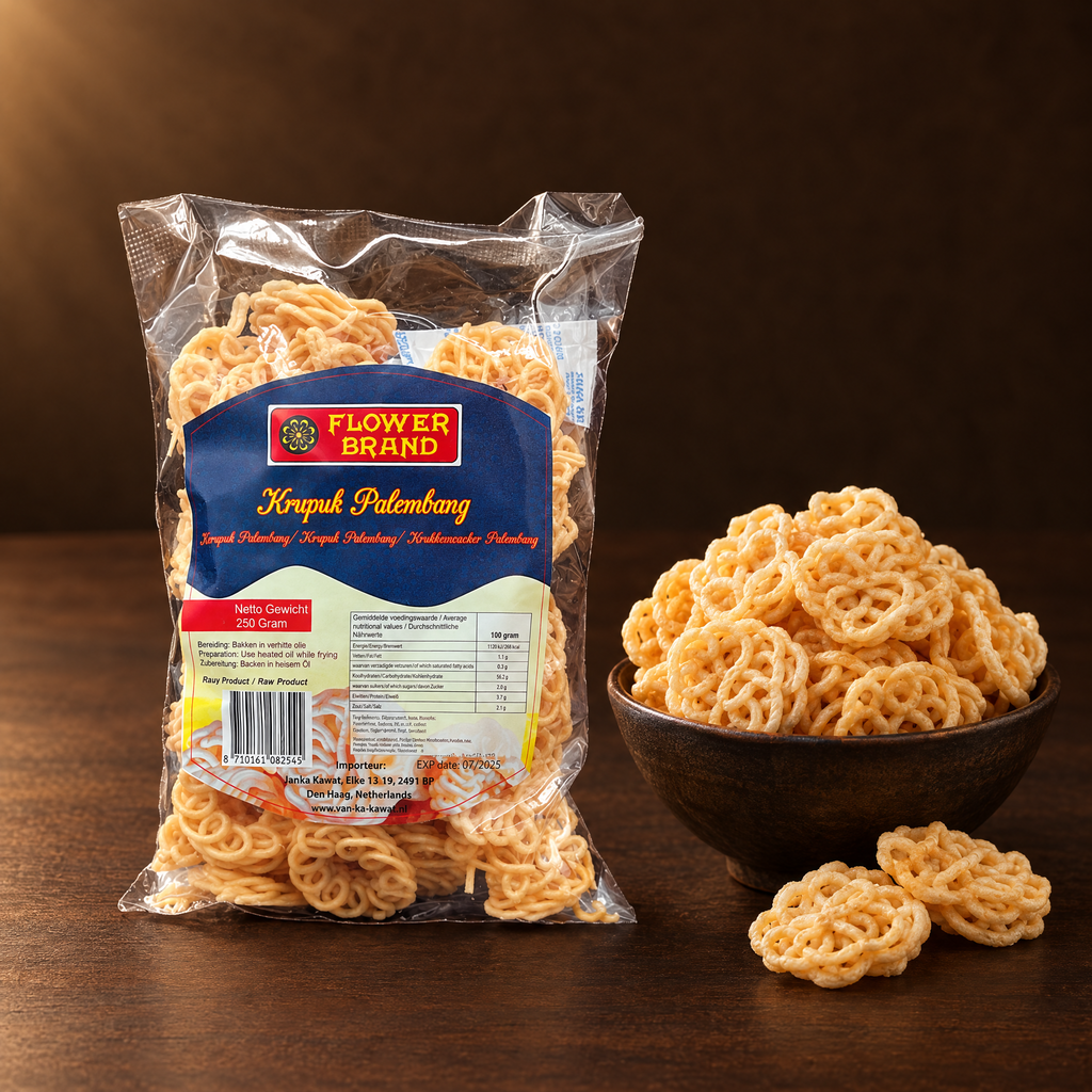 Kerupuk Palembang Flowerbrand 250g – Packung mit frittierten Krupuk