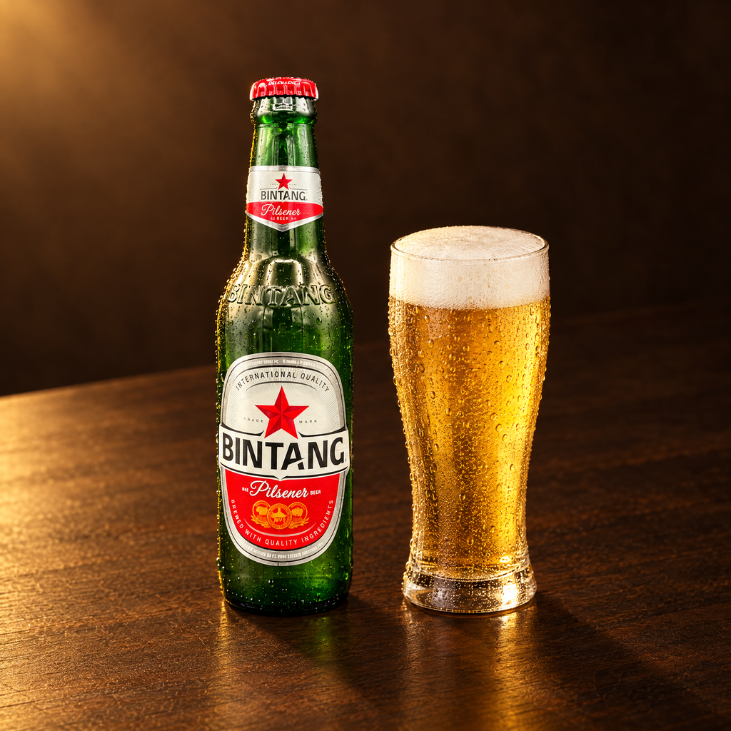 Bir Bintang 330 ml – Flasche mit eingeschenktem Bier