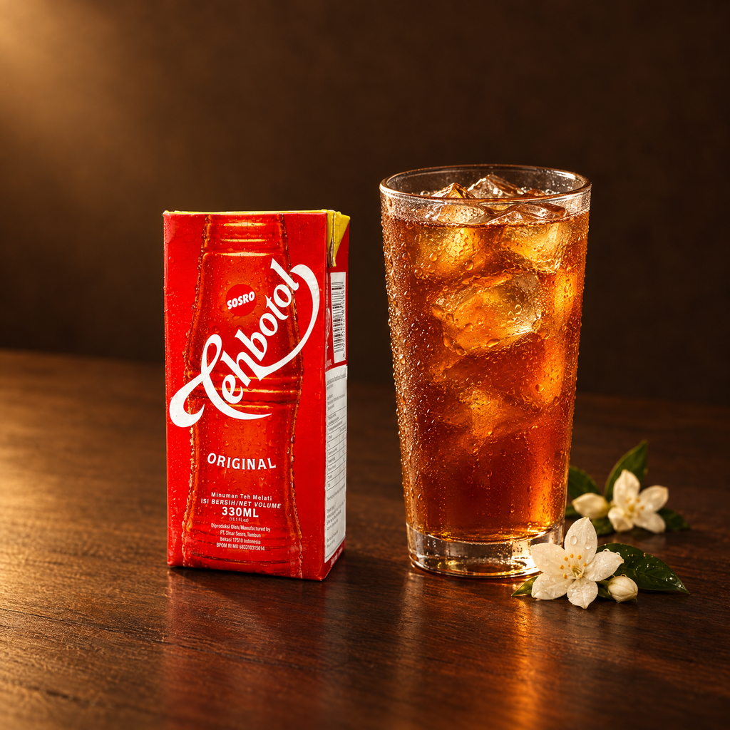 Teh Botol Sosro 330ml – Flasche mit Jasmin-Eistee im Glas