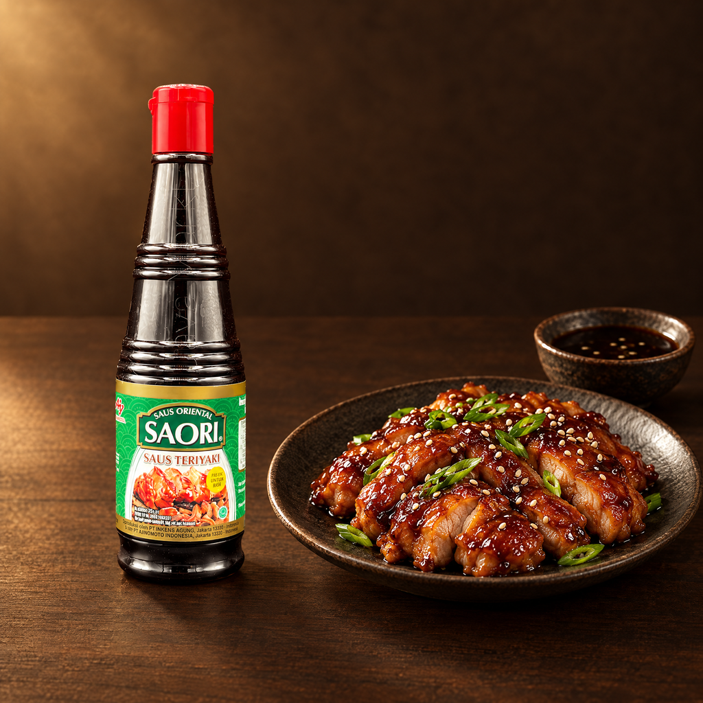 Saori Saus Teriyaki – Flasche mit Teriyaki-Hähnchen