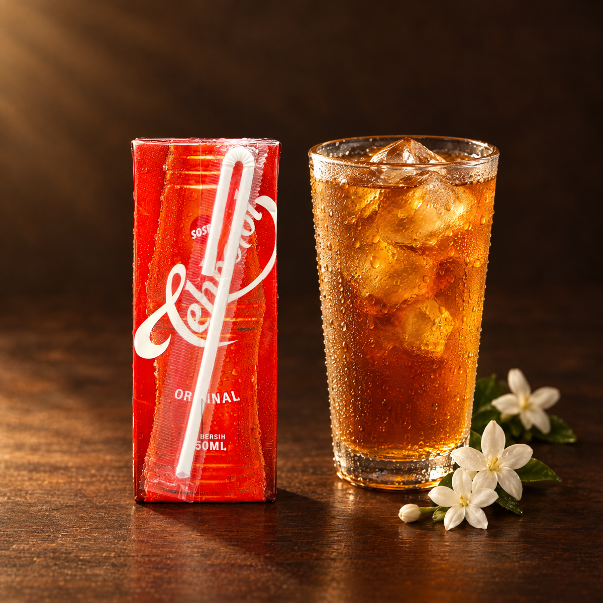 Teh Botol Sosro 250ml – Flasche mit Jasmin-Eistee im Glas