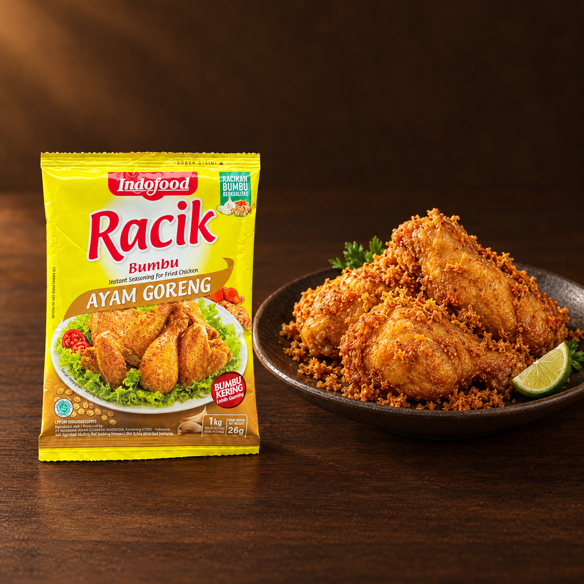 Racik Bumbu Ayam Goreng 20g – Packung mit frittiertem Hähnchen