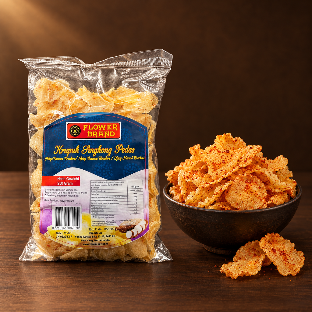Kerupuk Singkong Pedas 250g – Packung mit scharfen Maniok-Krupuk
