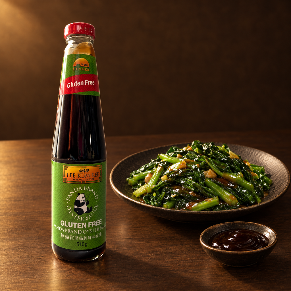Lee Kum Kee Saus Tiram Gluten Free 510g – Flasche mit Wokgemüse