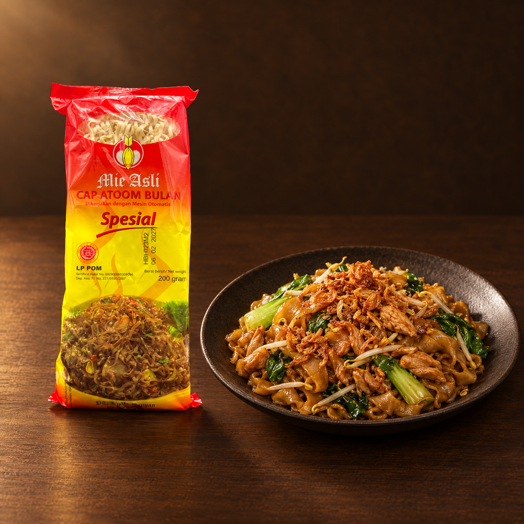 Atoom Bulan Mie Lebar Spesial 200 g – Packung mit gebratenen Bandnudeln