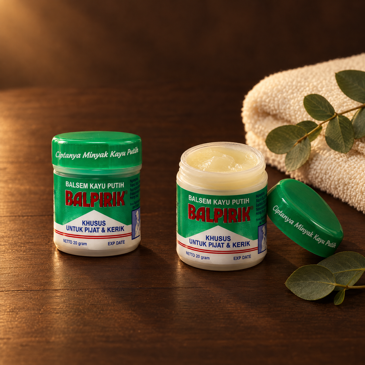 Balpirik Balsem Kayu Putih 20 g – Packung mit geöffnetem Balsam
