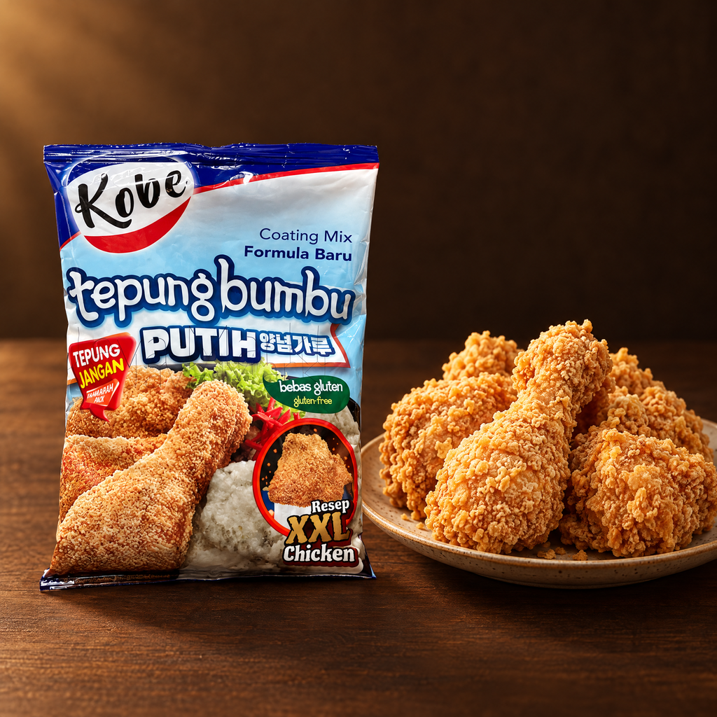 Kobe Tepung Bumbu Putih 75 g – Packung mit knusprig frittiertem Hähnchen