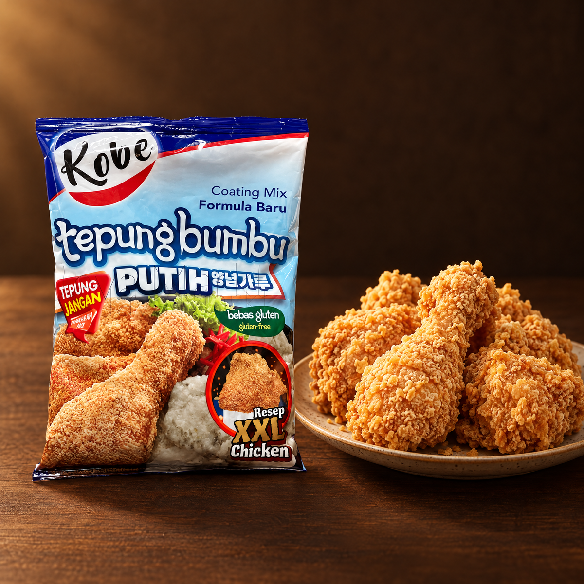 Kobe Tepung Bumbu Putih 75 g – Packung mit knusprig frittiertem Hähnchen