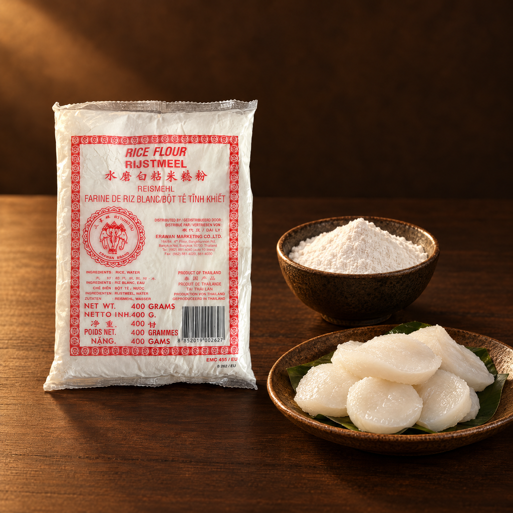 Tepung Beras Erawan 400 g – Packung mit Reismehl und Reiskuchen
