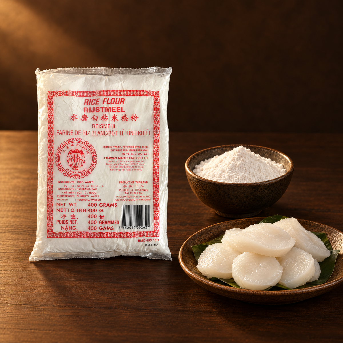 Tepung Beras Erawan 400 g – Packung mit Reismehl und Reiskuchen