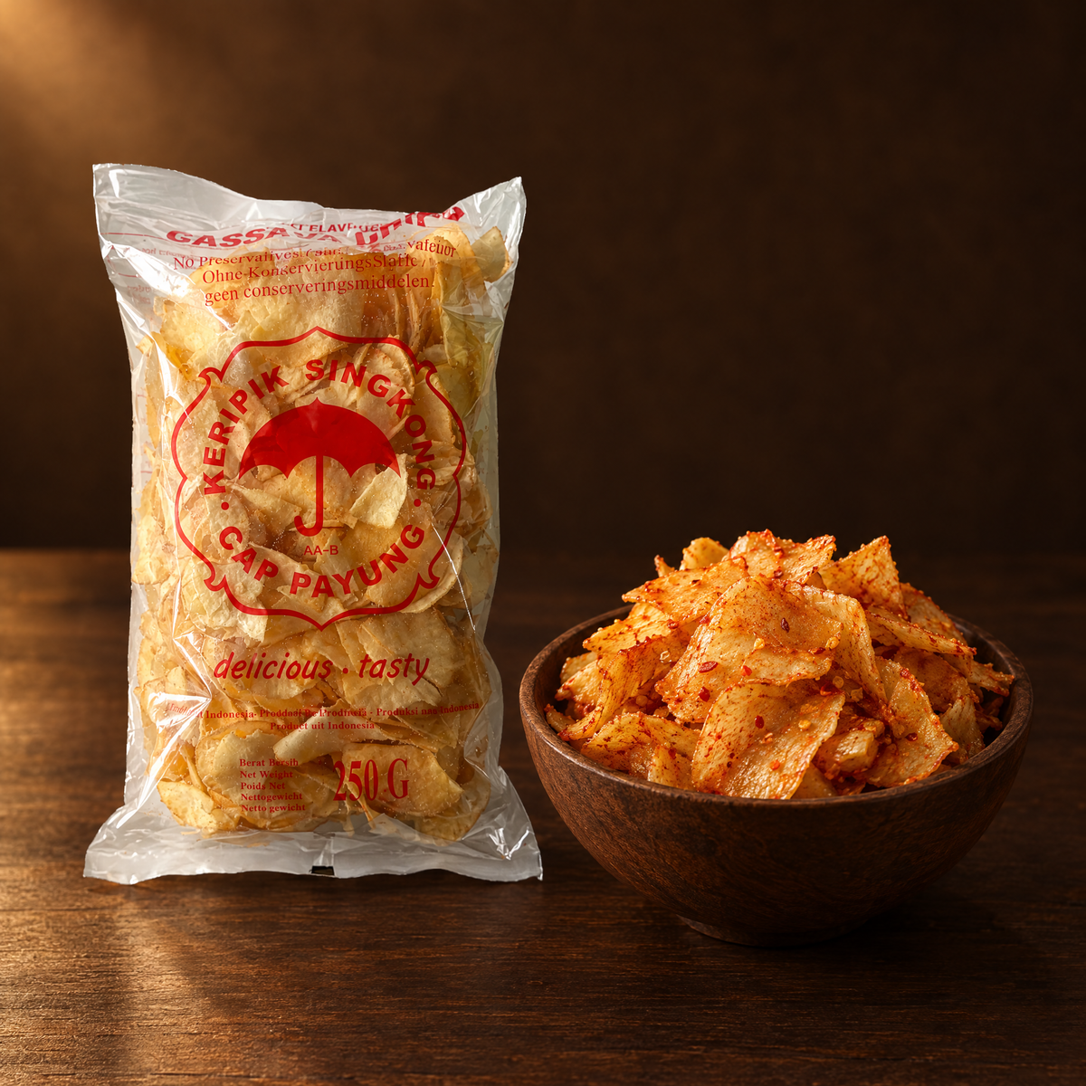 Mirasa Keripik Singkong Pedas 250 g – Packung mit scharfen Maniok-Chips