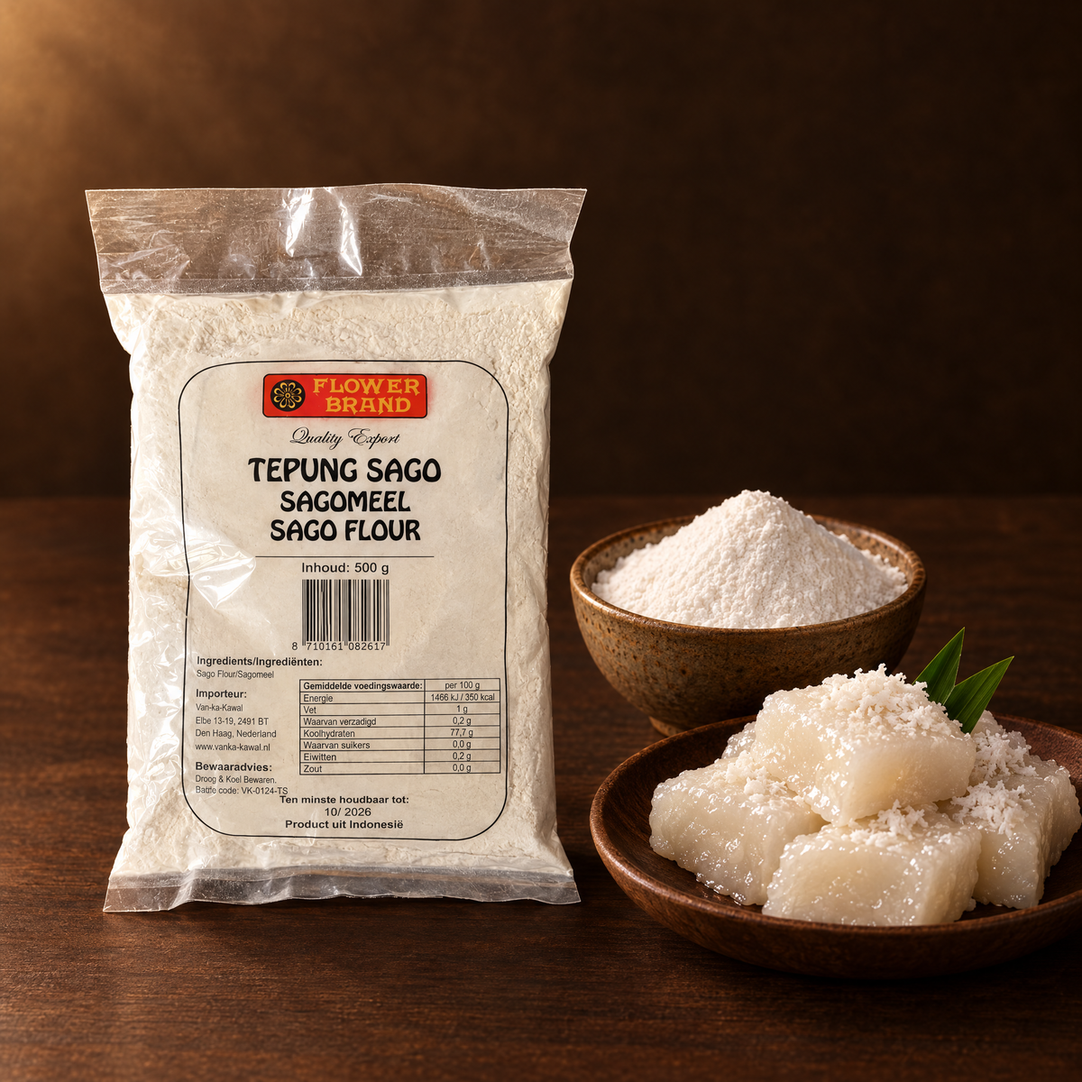 Tepung Sagu Flower Brand 500 g – Packung mit Sagomehl und Sagokuchen