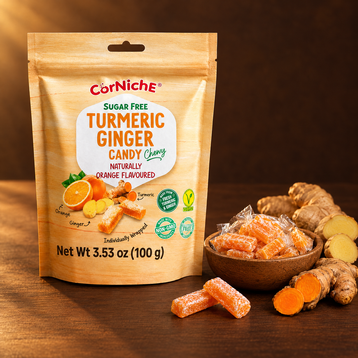 Corniche Turmeric Ginger Chewy Candy Orange 100 g – Packung mit Bonbons