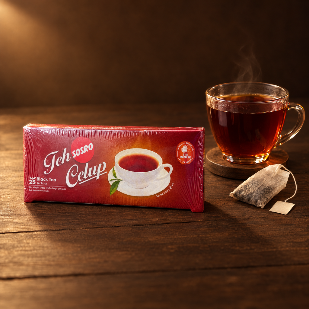 Sosro Teh Hitam Celup 50 g – Packung mit aufgebrühtem Tee