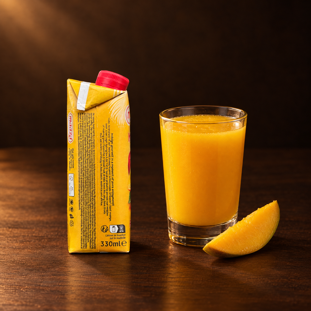 Maaza Mango Juice 250 ml – Packung mit eingeschenktem Mangosaft