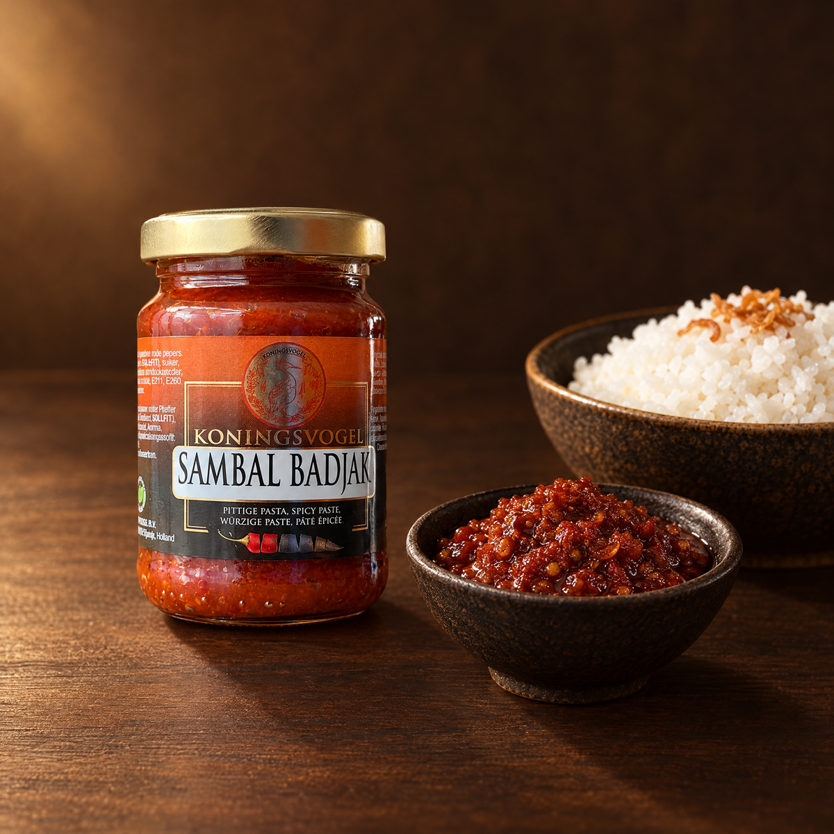 Koningsvogel Sambal Bajak 120 g – Glas mit angerichtetem Sambal