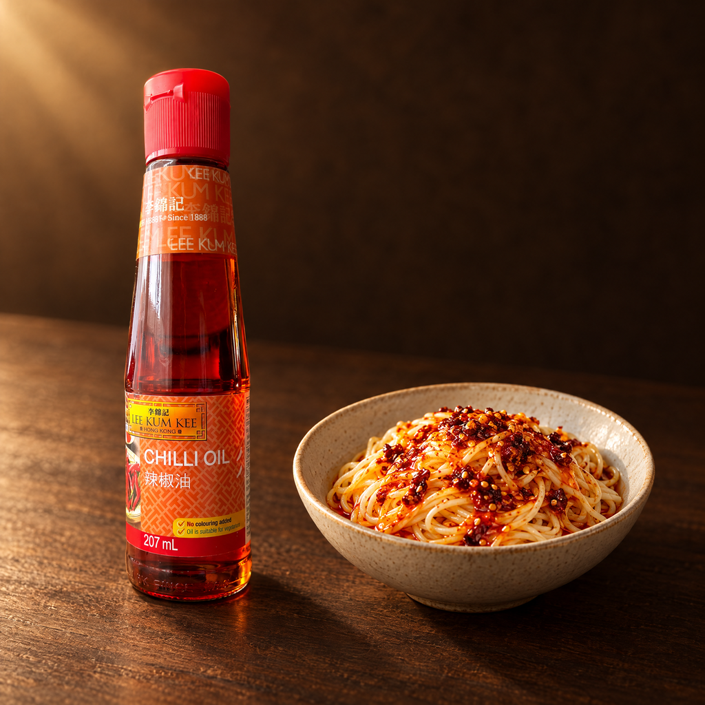 Lee Kum Kee Chilli Oil 207 ml – Flasche mit Chiliöl und Nudeln