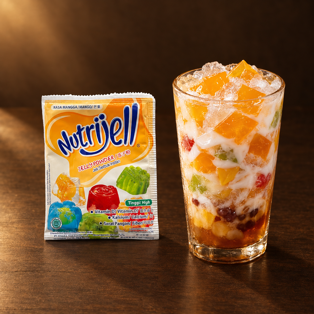 Nutrijell Jelly Powder Mango – Packung mit Es Campur im Glas