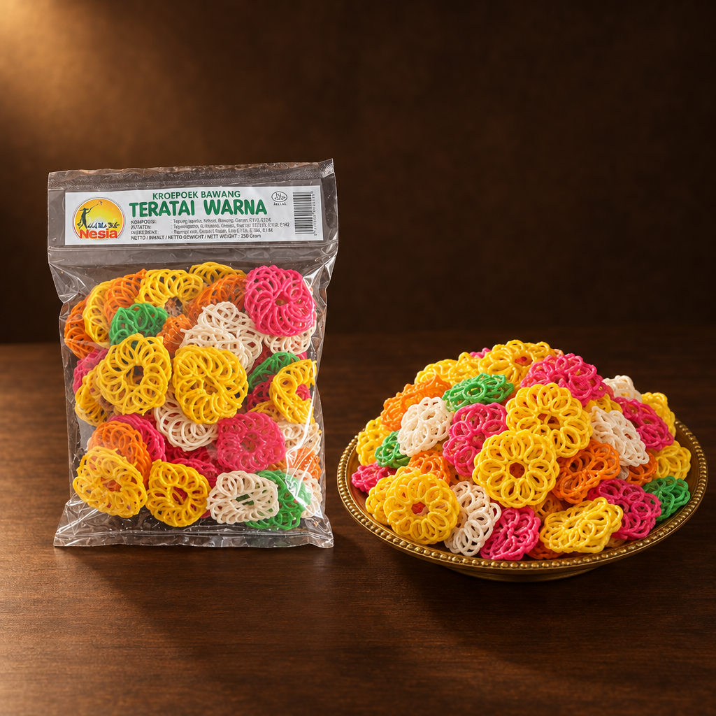 Kerupuk Teratai Warna 250g – Packung mit bunten Krupuk auf der Servierplatte