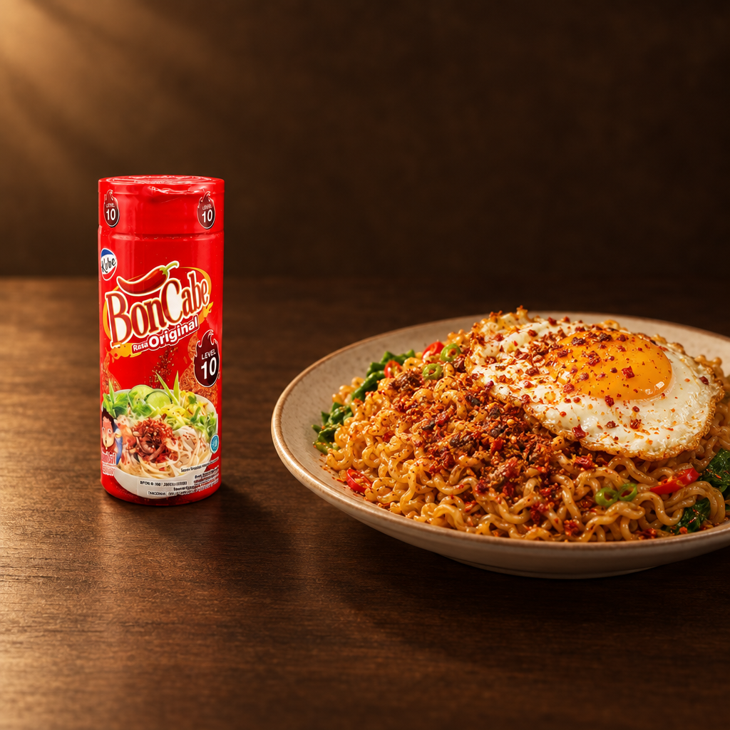 Kobe BonCabe Level 10 50g – Packung mit Chiliflocken über Mie Goreng